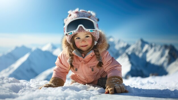 Bambino in età prescolare che fa snowboard in montagna foto di alta qualità