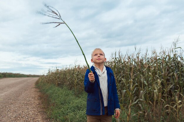 Bambino in foglie di campo di mais che tengono ramoscello