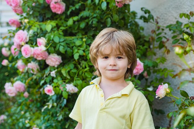 Bambino in giardino di rose all'aperto. Bambino di primavera nel parco. Passeggiata estiva del ragazzo. Adattamento dei bambini.