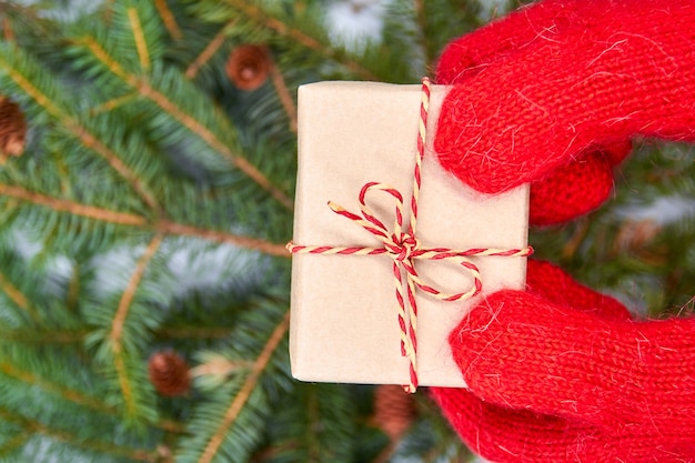 bambino in guanti tiene una confezione regalo di Natale sullo sfondo di rami di abete