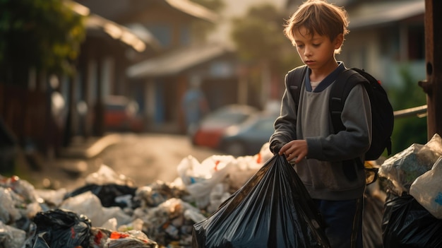 Bambino in piedi in grandi sacchi della spazzatura sullo sfondo di una strada cittadina