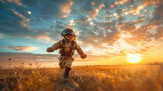 Bambino in piedi nel campo sullo sfondo del cielo