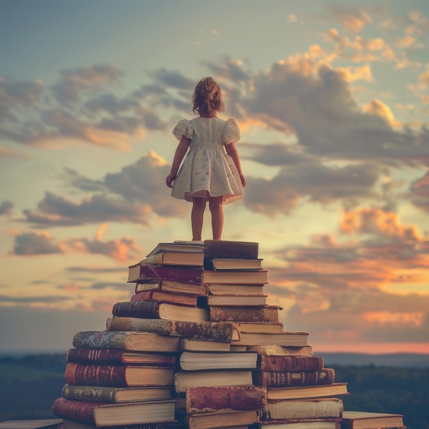 bambino in piedi sulla torre di libri sullo sfondo del cielo tramonto ai generato