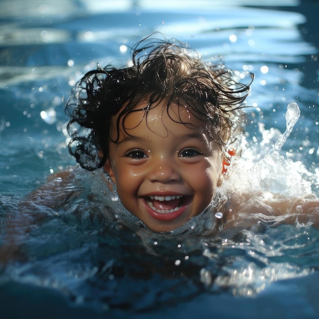 Bambino in piscina che sorride e si diverte nell'acqua