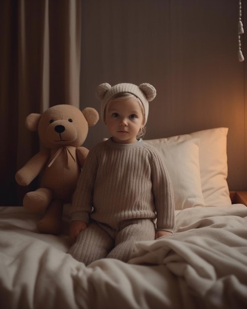 Bambino in tutina marrone e un vecchio orsacchiotto Immagine di intelligenza artificiale generativa