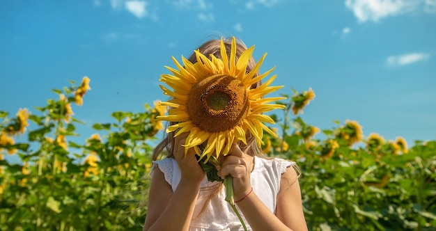 Bambino in un campo di girasoli. Messa a fuoco selettiva. Natura.