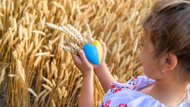 Bambino in un campo di grano In vyshyvanka il concetto del Giorno dell'Indipendenza dell'Ucraina Messa a fuoco selettiva