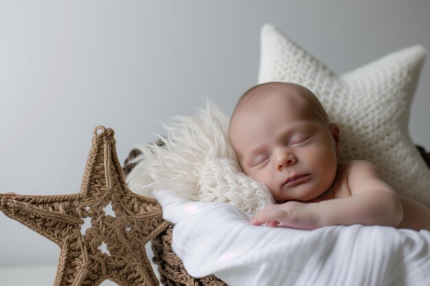 Bambino in un cesto con un cuscino a forma di stella