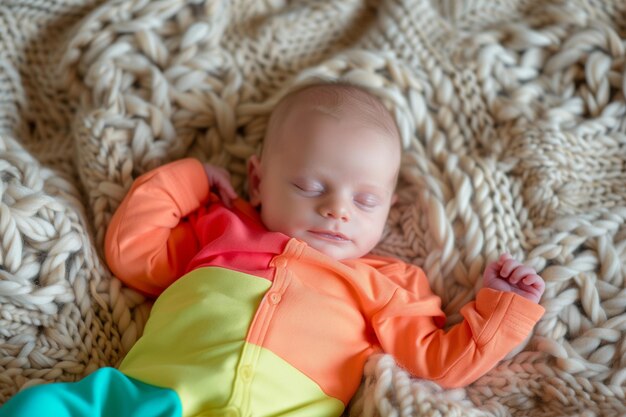 Bambino in una camicia dai colori vivaci sdraiato su una morbida coperta a maglia