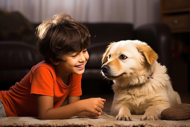 Bambino indiano che gioca con il cane