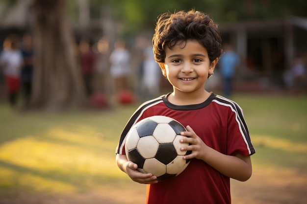 Bambino indiano felice che gioca a calcio o tiene la palla all'aperto