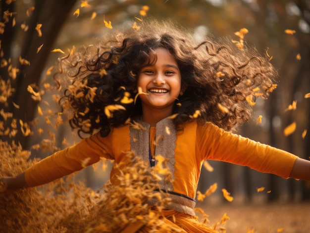 Bambino indiano in posa dinamica emotiva giocosa su sfondo autunnale
