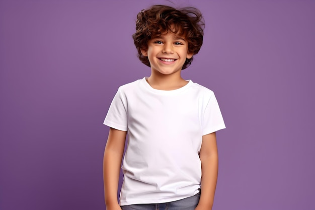 Bambino maschio ragazzo che indossa una camicia bianca in tela bella mockup su sfondo viola Design tshirt modello stampa presentazione mockup AI generato