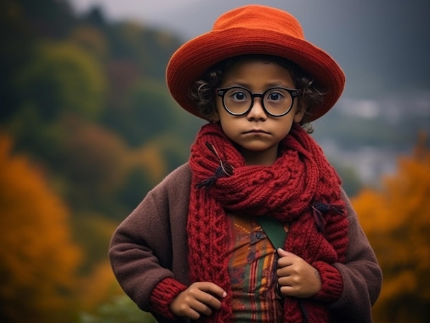 Bambino messicano in posa dinamica emotiva su sfondo autunnale