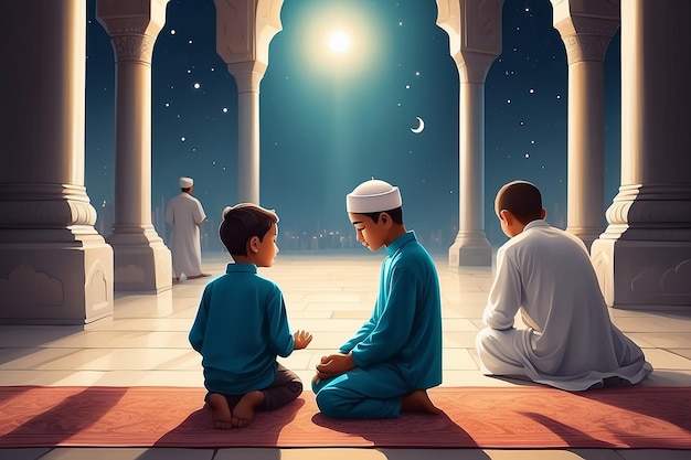 Bambino musulmano o uomo preghiera per adorare Allah nel tempio o nella moschea santa con gratitudine come famiglia in Ramadan