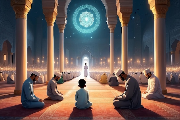 Bambino musulmano o uomo preghiera per adorare Allah nel tempio o nella moschea santa con gratitudine come famiglia in Ramadan