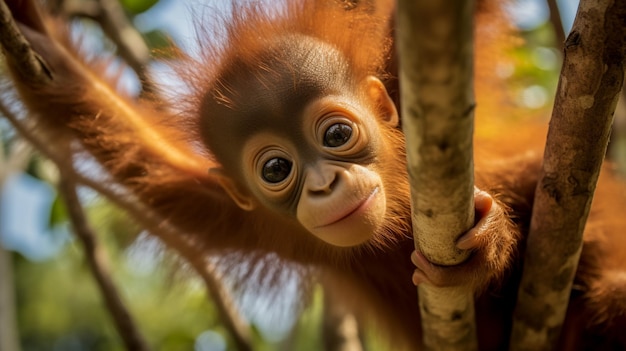 Bambino orangotan che oscilla sull'albero AI Generative