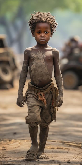 Bambino orfano africano povero e affamato con vestiti sporchi IA generativa