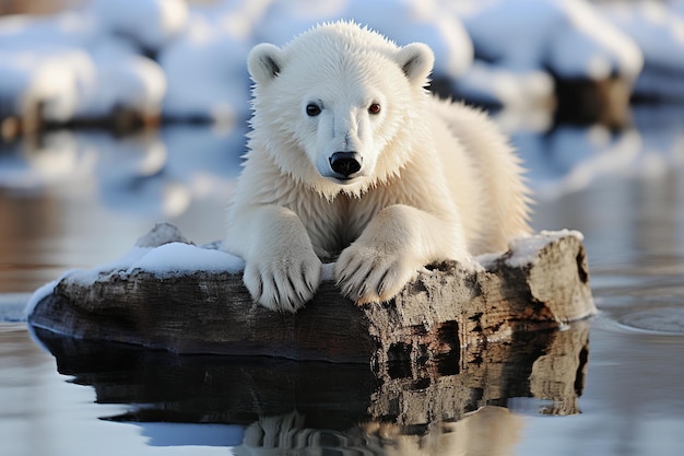 bambino orso bianco polare su un lastrone di ghiaccio in acqua in inverno