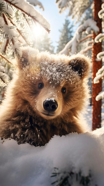Bambino orso nell'inverno innevato bellissima foresta di conifere al mattino soleggiato