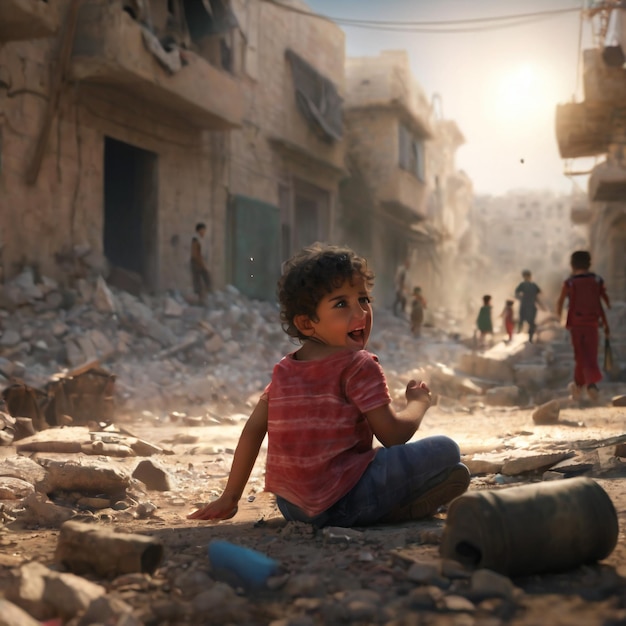 bambino palestinese che piange esplosione di una bomba in Palestina