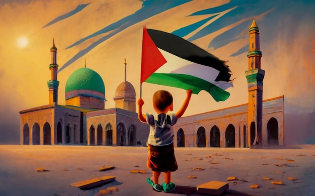 Bambino palestinese che porta la bandiera palestinese davanti alla moschea