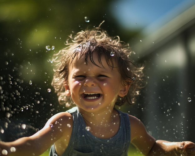 bambino piccolo che si diverte a giocare con l'acqua nel giardino concetto di gioventù e deviazione