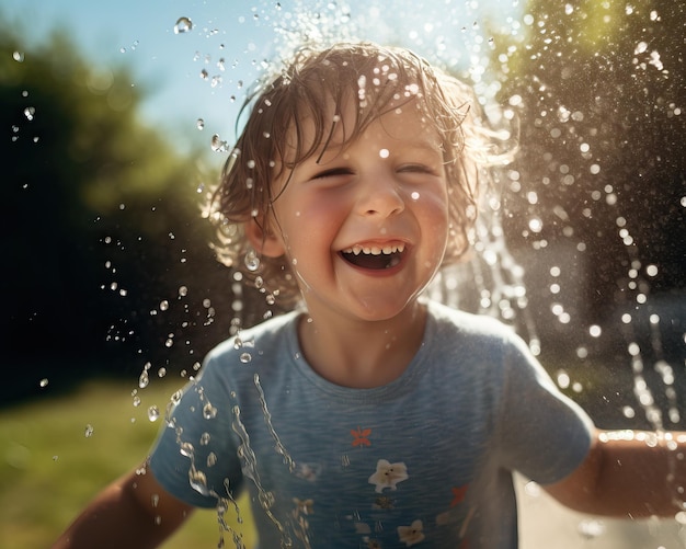 bambino piccolo che si diverte a giocare con l'acqua nel giardino concetto di gioventù e deviazione