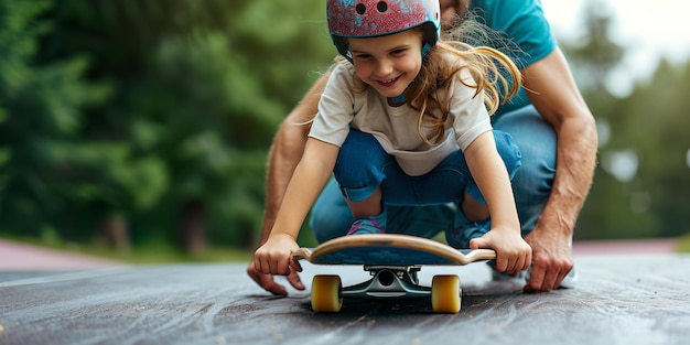 Bambino piccolo impara a fare skateboard con l'aiuto di un adulto divertimento all'aperto e stile di vita attivo legame e concetto di apprendimento AI
