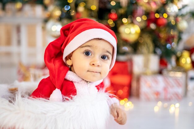 Bambino piccolo ragazzo in costume da Babbo Natale grande ritratto sullo sfondo di un albero di Natale decorato festivo a casa bambino felice che celebra il Natale e il nuovo anno a casa