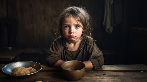 Bambino povero affamato e affamato che guarda la telecamera