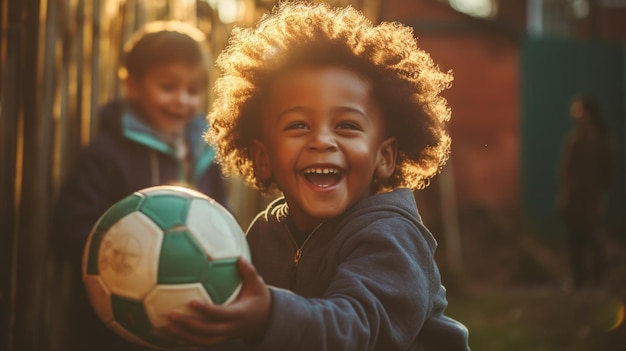 Bambino radioso che ride mentre gioca a calcio all'aperto al tramonto