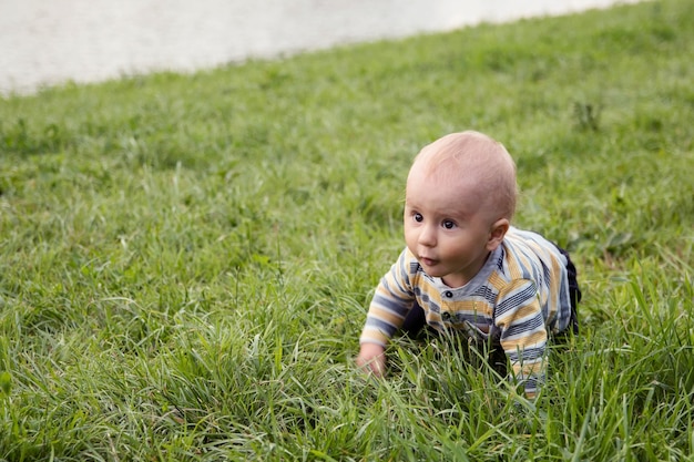 Bambino ragazzo sull'erba in estate Un bambino piccolo in una passeggiata