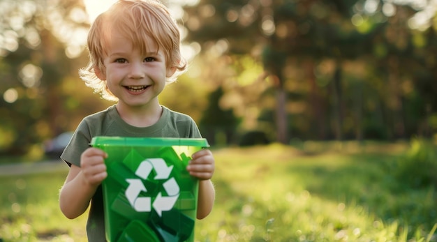 Bambino riciclante e volontario che pulisce il parco per la consapevolezza ambientale e la sostenibilità