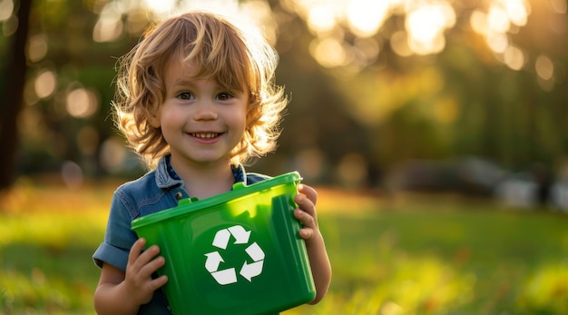 Bambino riciclante e volontario che pulisce il parco per la consapevolezza ambientale e la sostenibilità