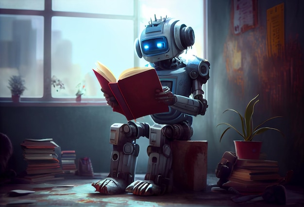 Bambino robot che legge un libro Educazione robot un libro Genera Ai