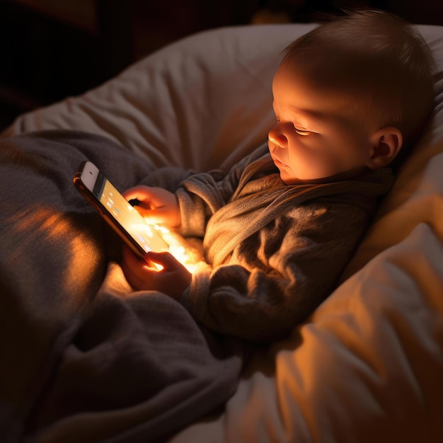 Bambino sdraiato a letto con lo smartphone