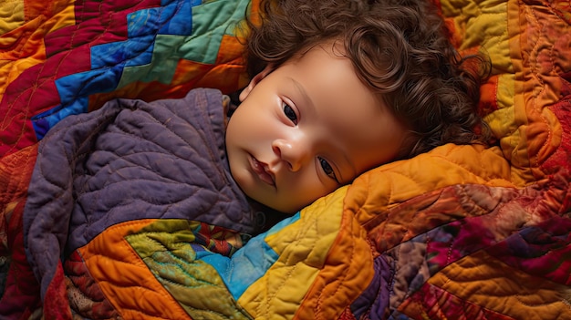 Bambino sdraiato in una coperta rivestita oggetti accoglienti e sereni per bambini