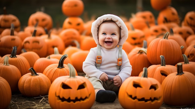 Bambino seduto tra le zucche del Ringraziamento, festa del raccolto