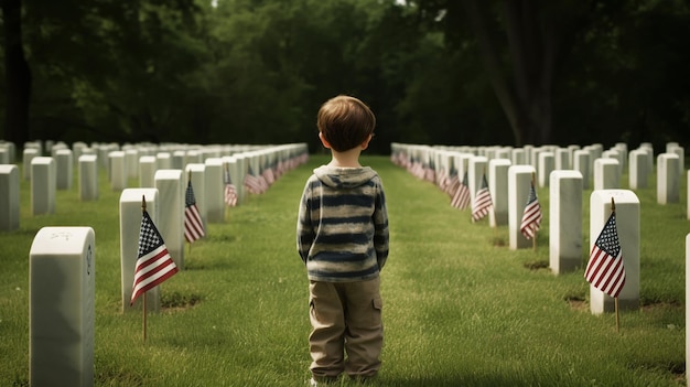 Bambino seduto vicino a lapidi con bandiere americane con il giorno dei veterani Generativo ai