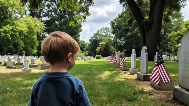 Bambino seduto vicino a lapidi con bandiere americane con il giorno dei veterani Generativo ai