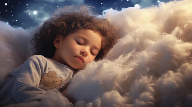 Bambino sonnolento e carino, bambino che dorme su una nuvola, tema dei dolci sogni, IA generativa