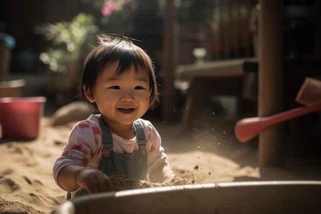 Bambino sorridente asiatico che gioca in un backyard sandbox raccoglie la sabbia con una piccola pala all'aperto