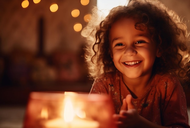 Bambino sorridente che accende candele nella stanza