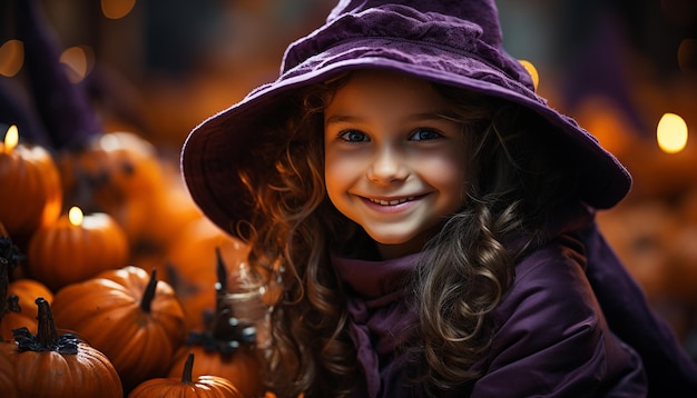Bambino sorridente che gioca all'aperto godendo della decorazione della zucca di Halloween generata dall'intelligenza artificiale