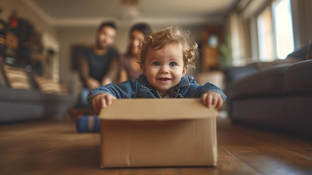 Bambino sorridente che gioca con una scatola di cartone a casa bambino gioioso in un salotto accogliente momenti di famiglia AI