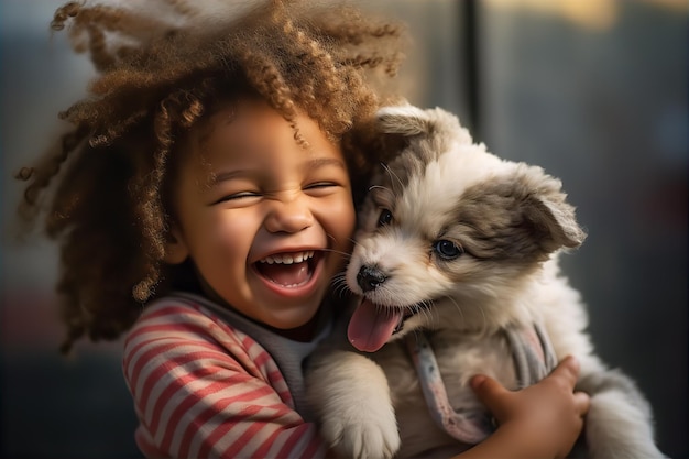 Bambino sorridente che interagisce con adorabili animali da rifugio