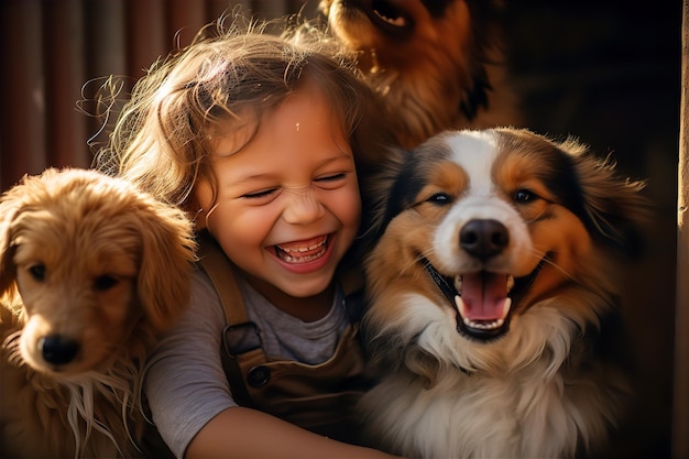 Bambino sorridente che interagisce con adorabili animali domestici del rifugio