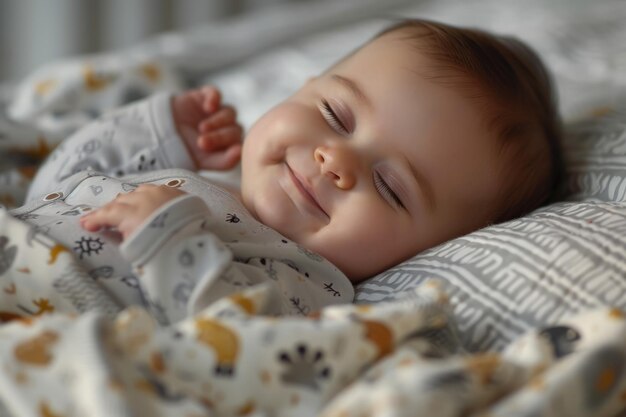 Bambino sorridente che si riposa sul letto