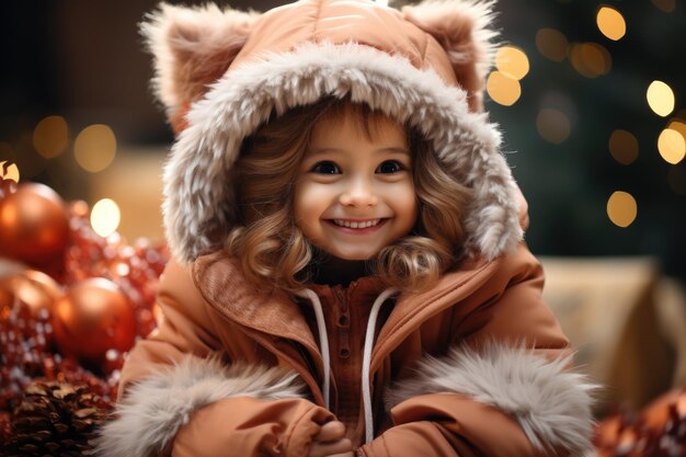 Bambino sorridente con giacca d'inverno con cappuccio peloso ritratto natalizio festivo con luci bokeh